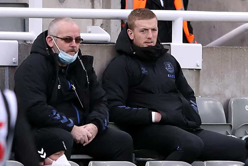 Everton goalkeeper Jordan Pickford (right) was on the bench at St James’ Park