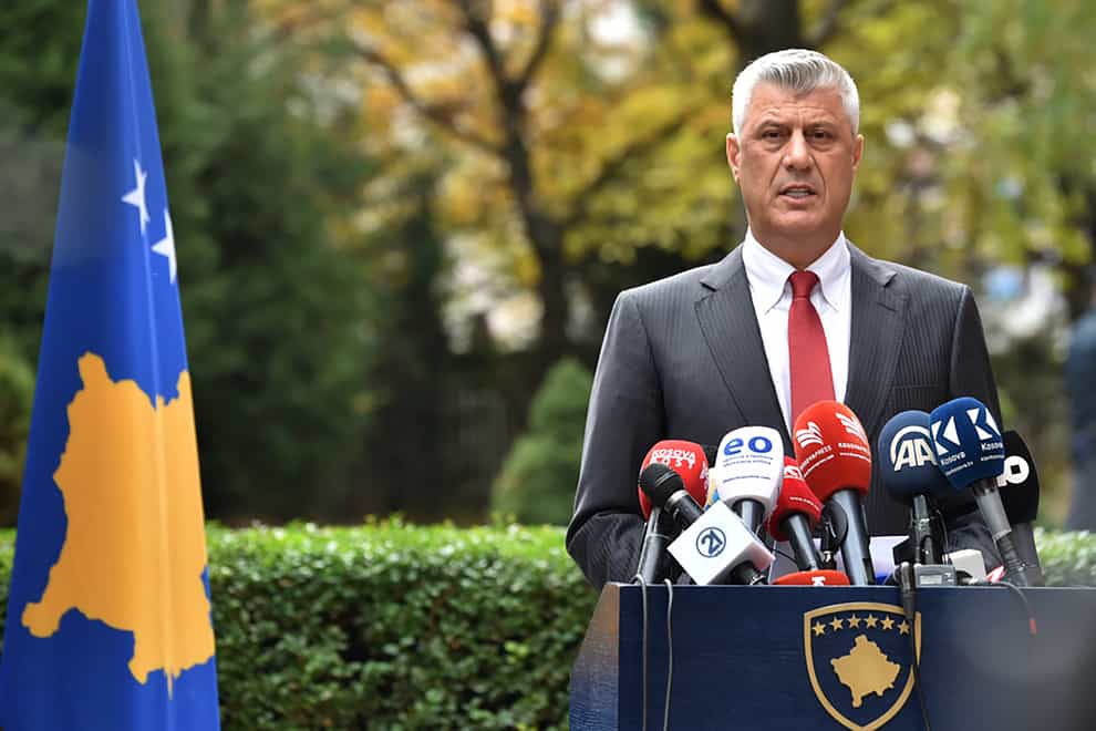 Kosovo president Hashim Thaci addresses the nation as he announced his resignation to face war crimes charges (Visar Kryeziu/AP)
