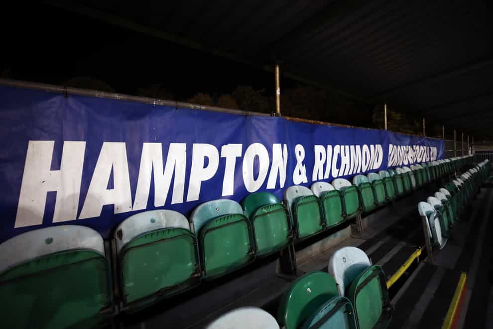 Hampton & Richmond banner at the Beveree Stadium, London (Tim Goode/PA)