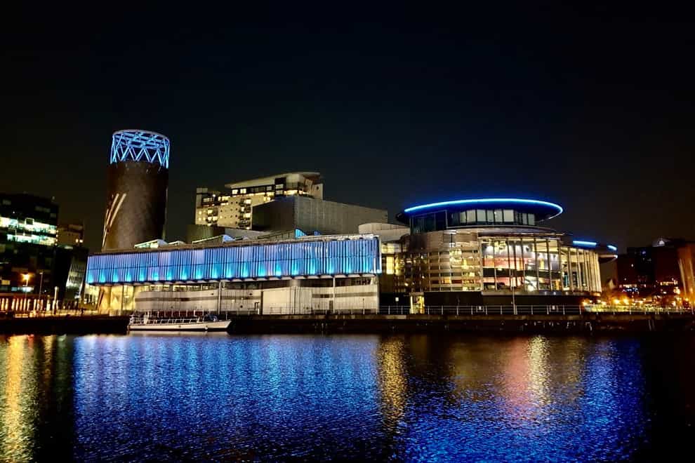 The Lowry lit up in blue