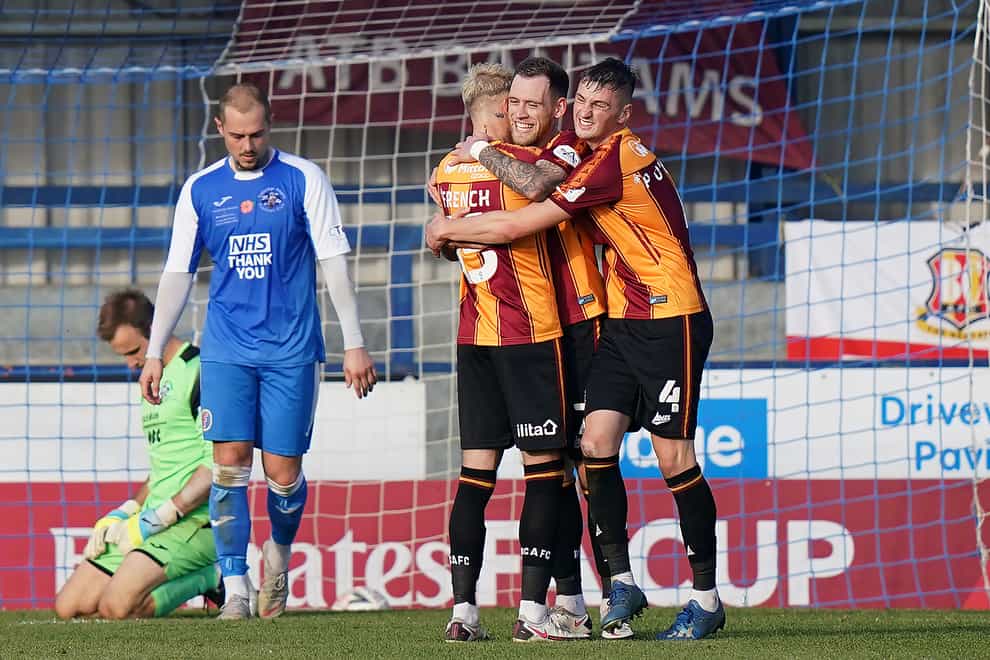 Harry Pritchard, centre, was on target for Bradford in the FA Cup