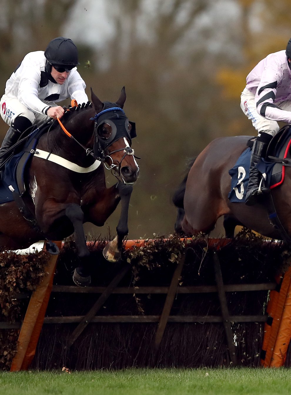 Wild Max and Harry Cobden (right) on their way to winning the Download The tote App Michaelmas Handicap Hurdle