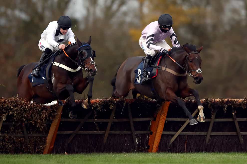 Wild Max and Harry Cobden (right) on their way to winning the Download The tote App Michaelmas Handicap Hurdle
