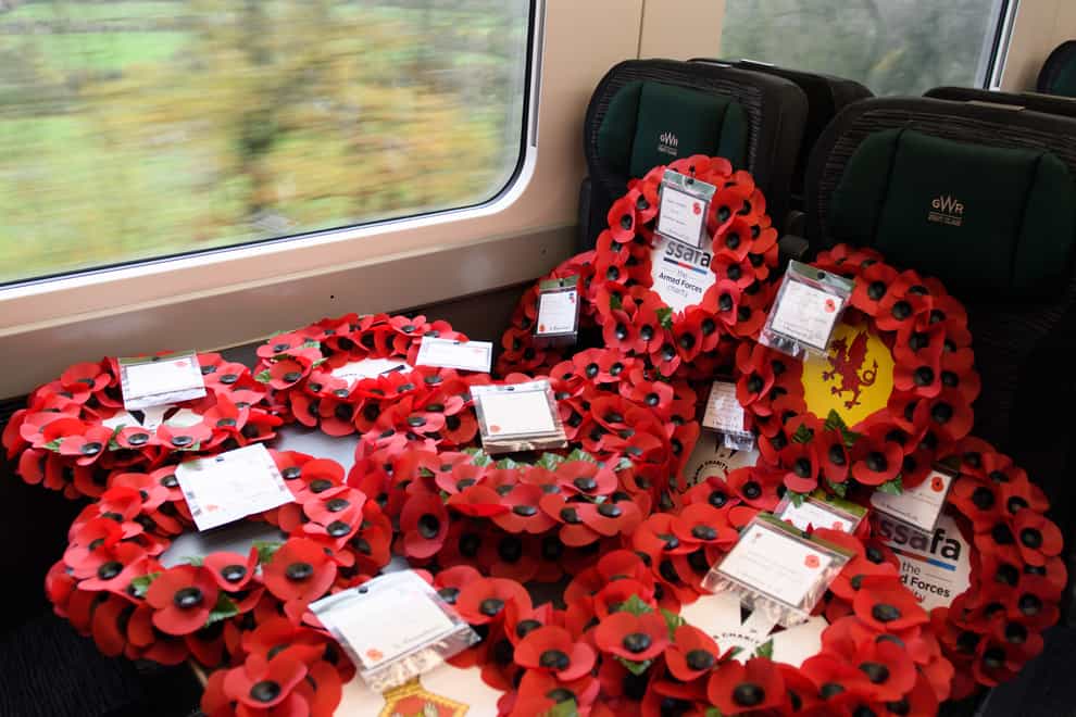 Poppy wreaths on a train