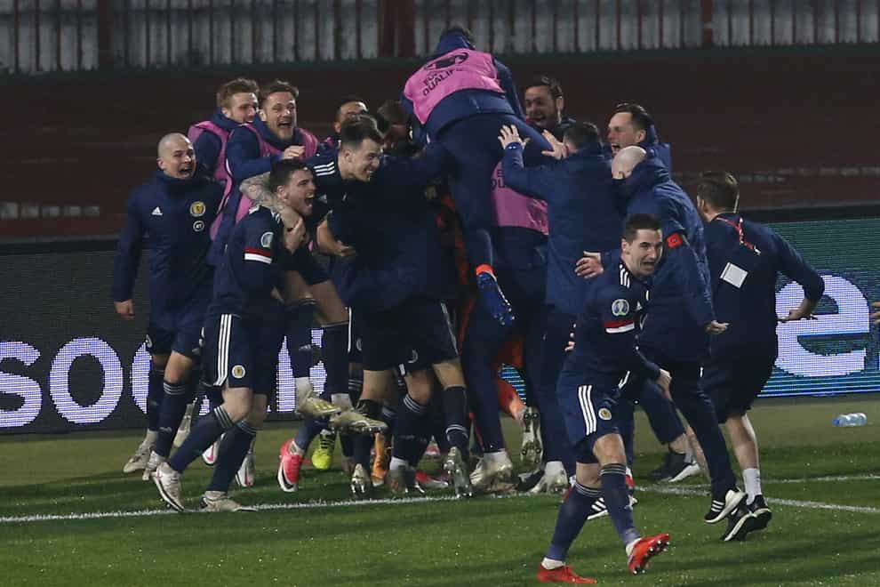 Scotland players celebrate their play-off success