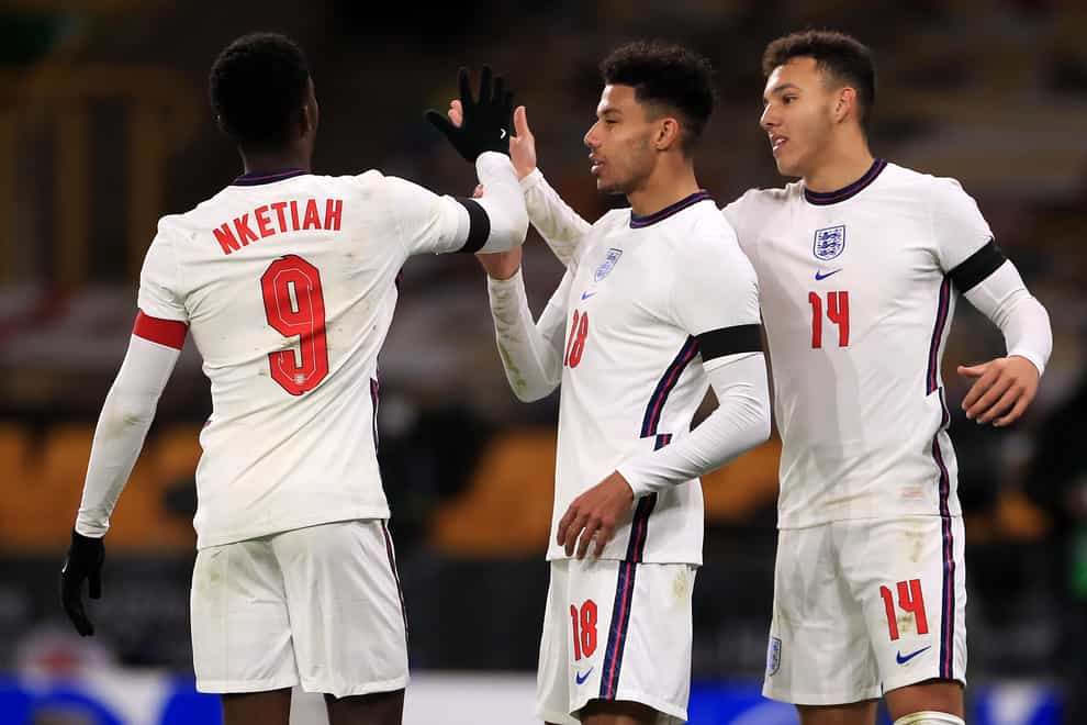 England Under-21s celebrate James Justin's goal against Albania