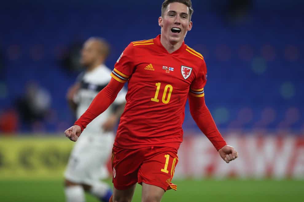Harry Wilson celebrates after scoring Wales' opening goal against Finland