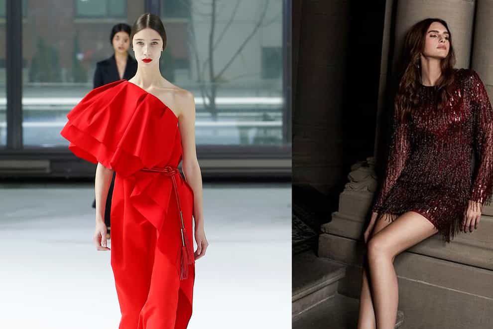 model on the Carolina Herrera AW20 catwalk; Karen Millen Sequin And Beaded Tassel Dress