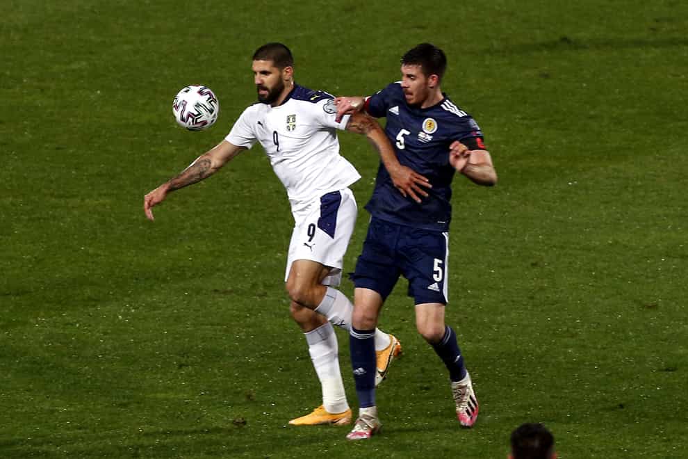 Declan Gallagher, right, shackled Serbia’s Aleksandar Mitrovic but suffered his first Scotland loss in Israel