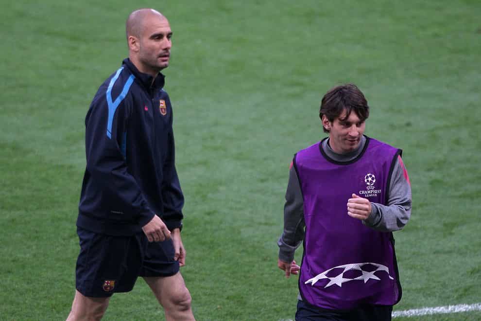 Pep Guardiola (left) has refused to entertain speculation linking Manchester City with Lionel Messi (right)