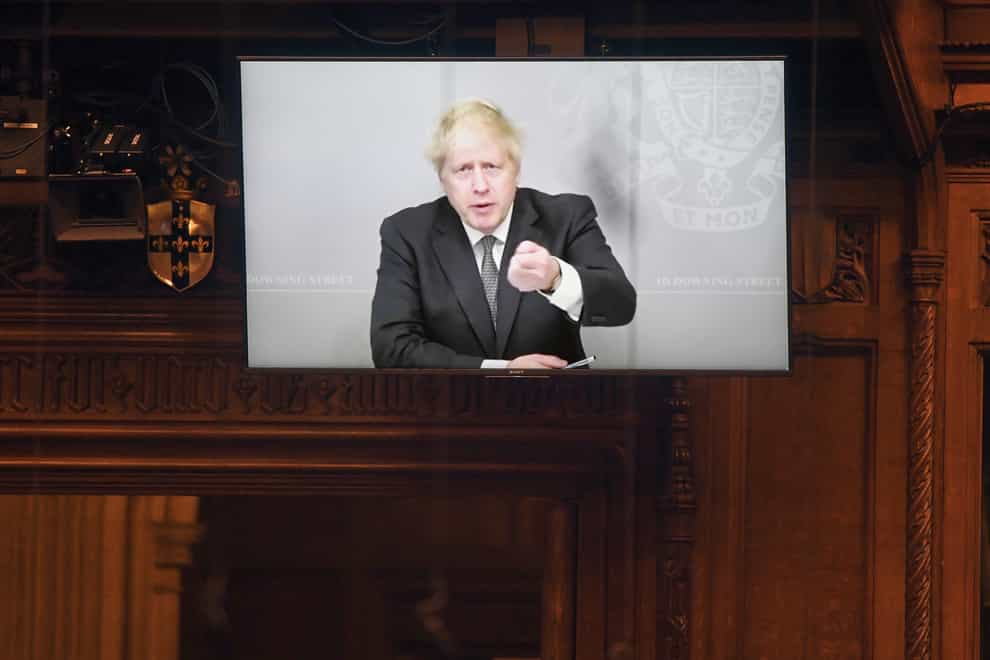 Boris Johnson appearing via video link from Downing Street