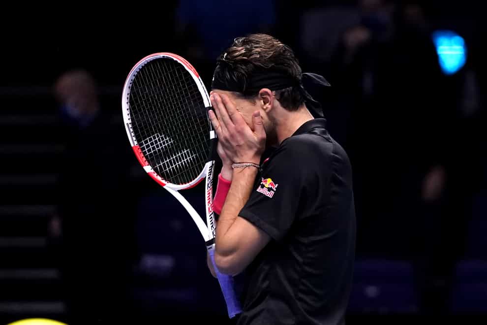 Dominic Thiem shows his emotion after beating Novak Djokovic at The O2 arena