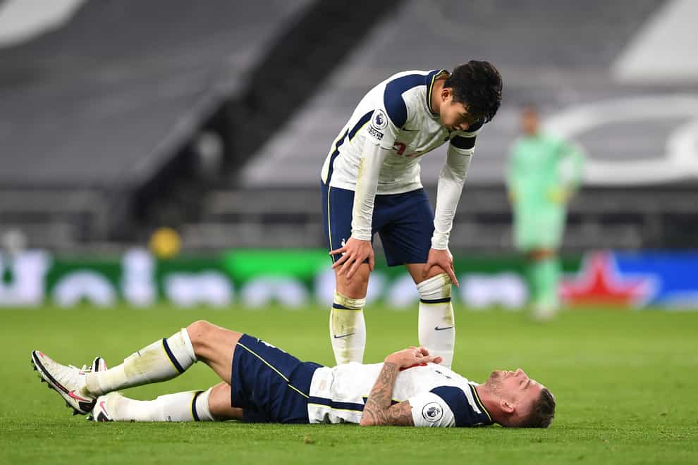 <p>Alderweireld went down during Spurs’ win over Manchester City on Saturday</p>