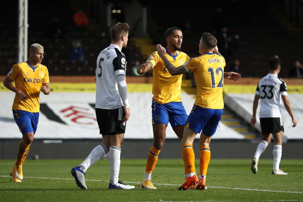 Dominic Calvert-Lewin, centre, scored his ninth and 10th Premier League goals of the season for Everton in their 3-2 win at Fulham