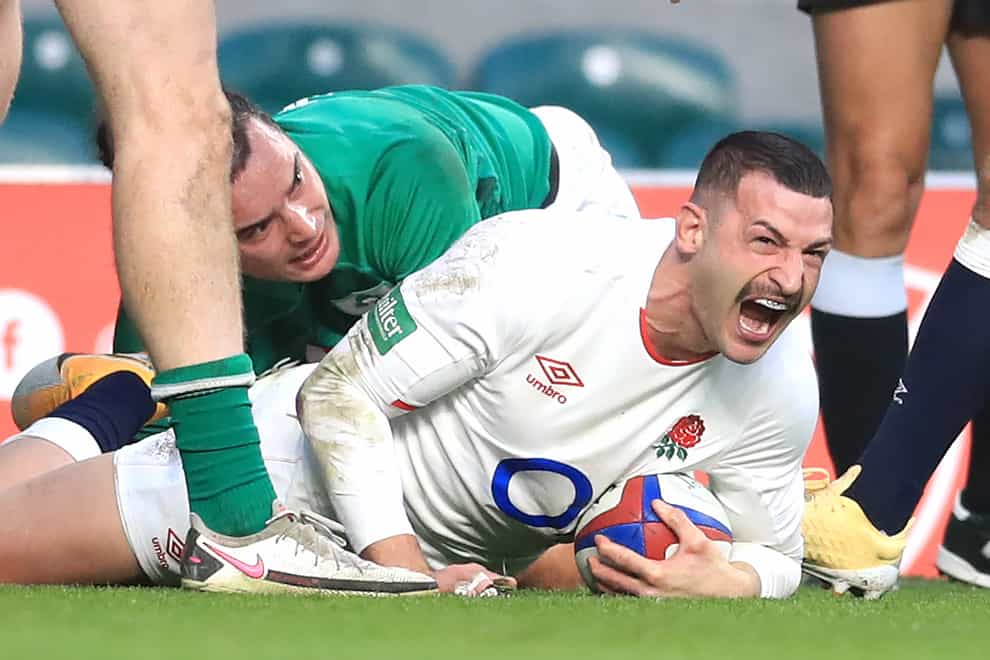 Jonny May scores the first of his two tries against Ireland