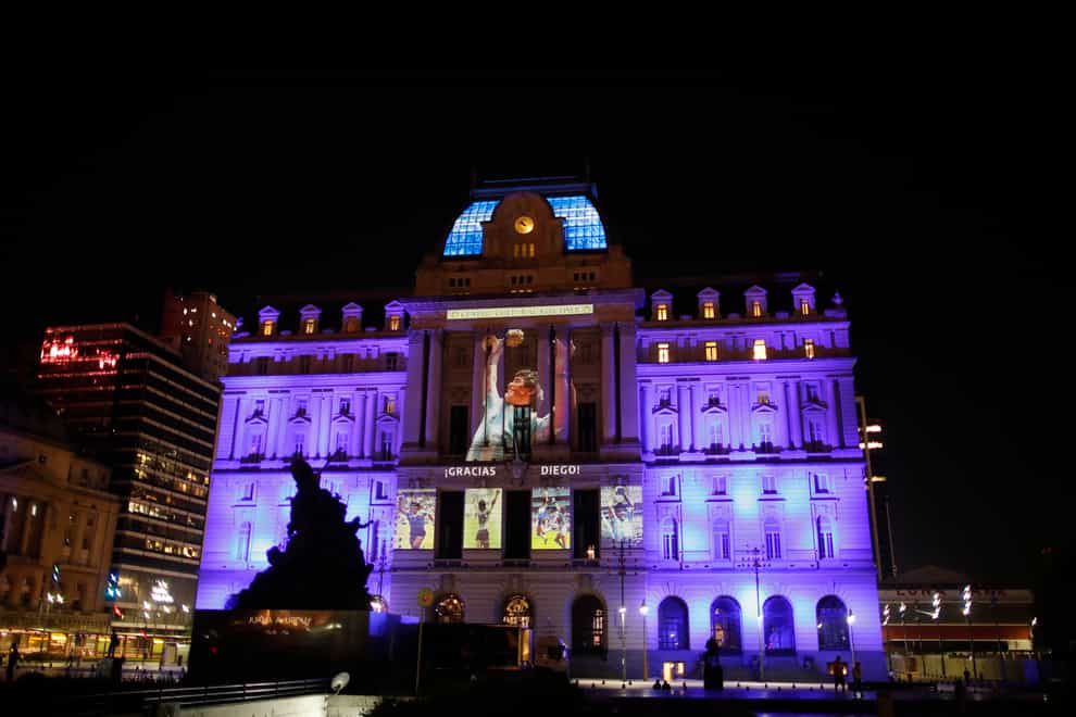 Images of Diego Maradona are projected at the Kirchner Cultural Centre in downtown Buenos Aires
