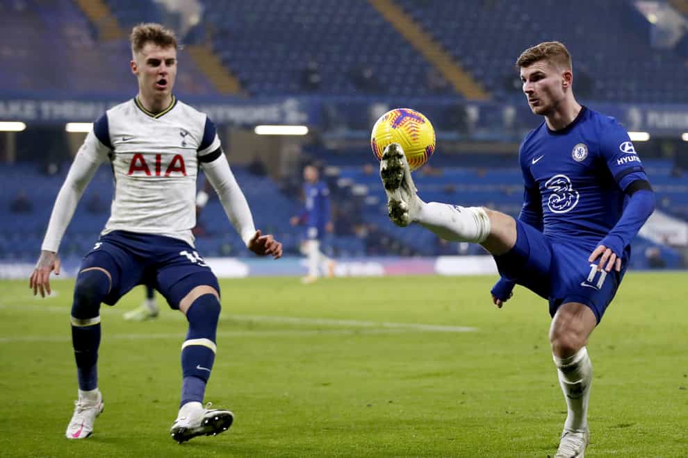 Chelsea’s Timo Werner, right, and Tottenham’s Joe Rodon battle for the ball