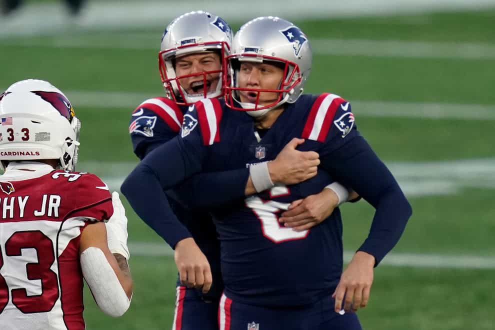 New England Patriots kicker Nick Folk kicks a game-winning field goal as time expires in an NFL football game against the Arizona Cardinals