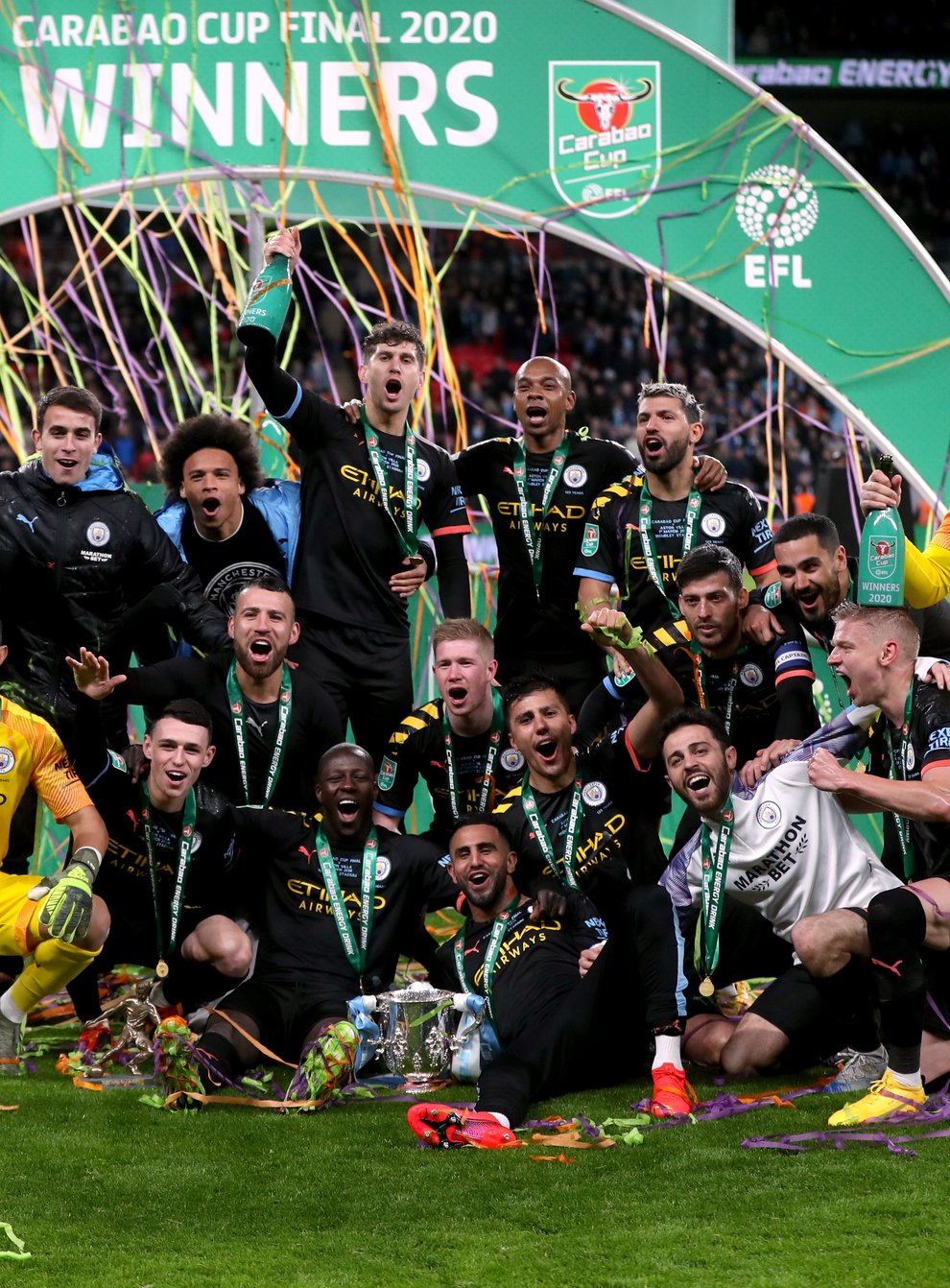 Manchester City celebrate their Carabao Cup success in March