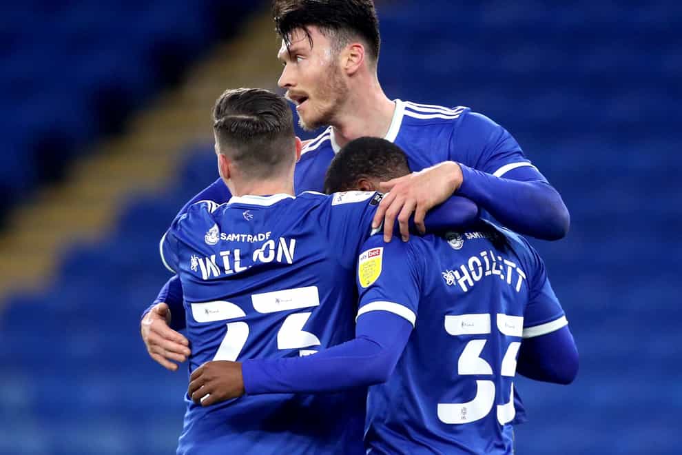 Kieffer Moore, centre, netted twice for Cardiff against Huddersfield