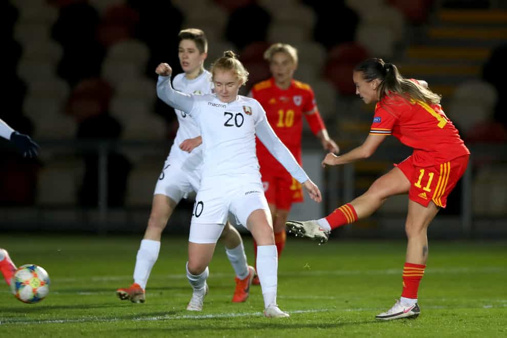 Natasha Harding opens the scoring for Wales in their European Championship qualifier against Belarus in Newport