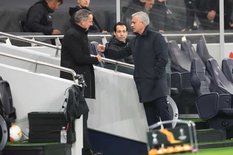 LASK head coach Dominik Thalhammer, left, is hopeful Tottenham manager Jose Mourinho will not be happy after the game at the Linzer Stadion