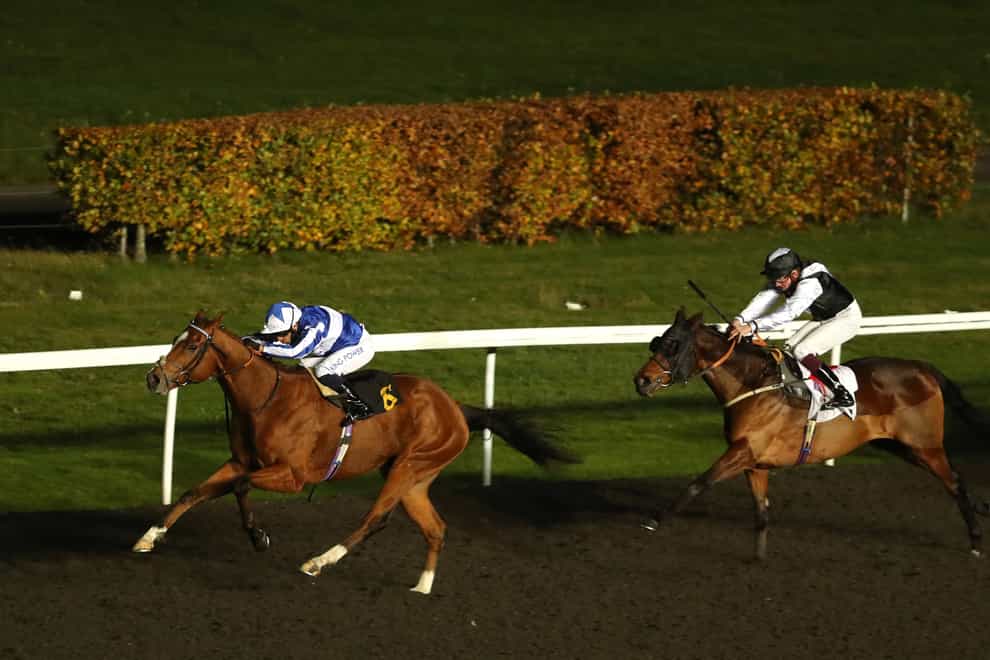 Johnny Drama and Silvestre De Sousa (left) have won at Kempton for the third time in a month, taking the Listed Unibet Wild Flower Stake