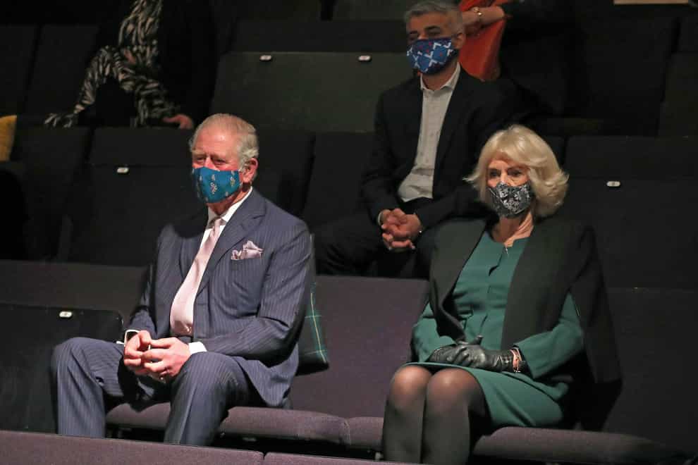 The Prince of Wales and Duchess of Cornwall with Mayor of London, Sadiq Khan (rear, centre), watch a short rehearsal performance, during a visit to the Soho Theatre in London. Chris Jackson/PA Wire