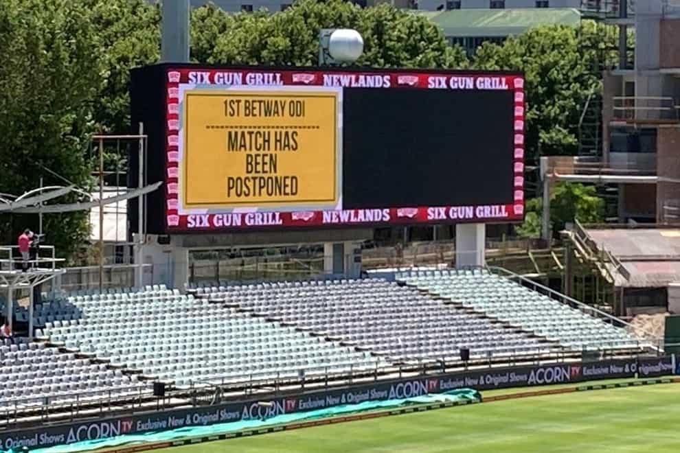 The scoreboard at Newlands confirms the postponement.