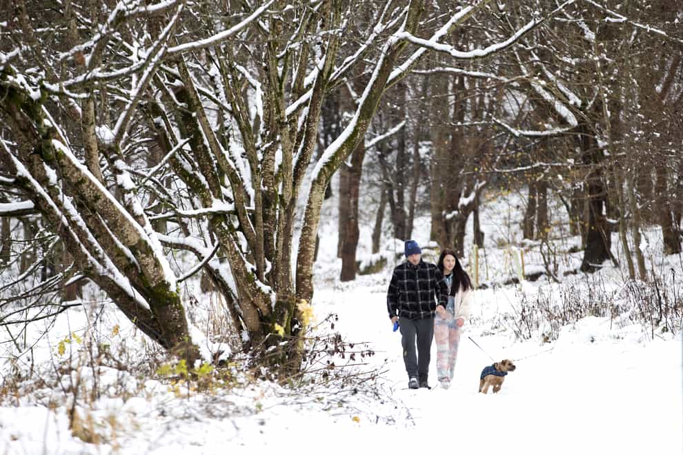 Couple walk their dog in the snow