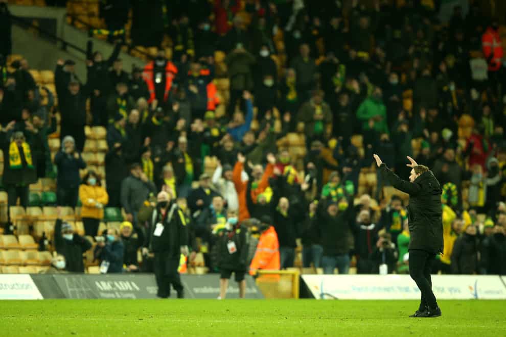 Norwich manager Daniel Farke celebrates victory in front of the fans at Carrow Road