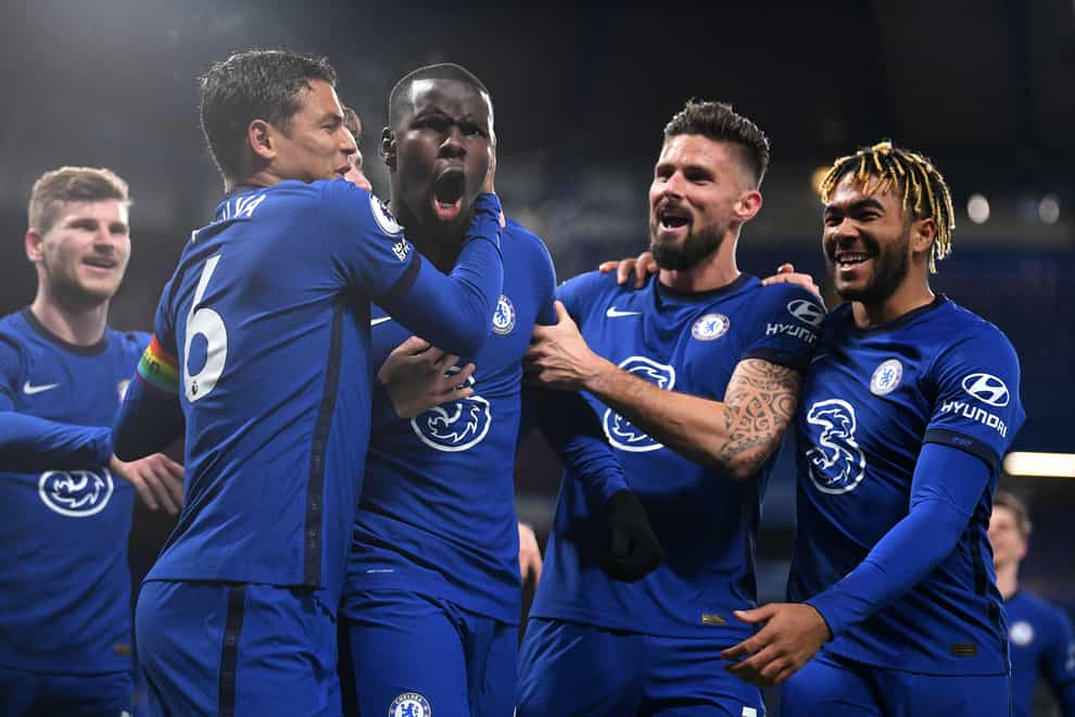 Chelsea’s Kurt Zouma (centre) celebrates his goal against Leeds