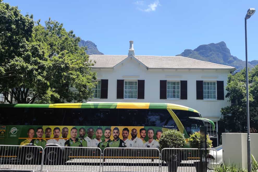 The South Africa team parked outside The Vineyard Hotel in Cape Town, where the South Africa and England teams are staying