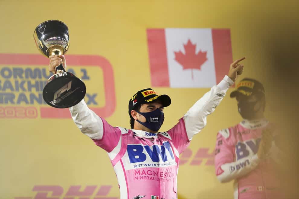 Racing Point driver Sergio Perez celebrates his victory