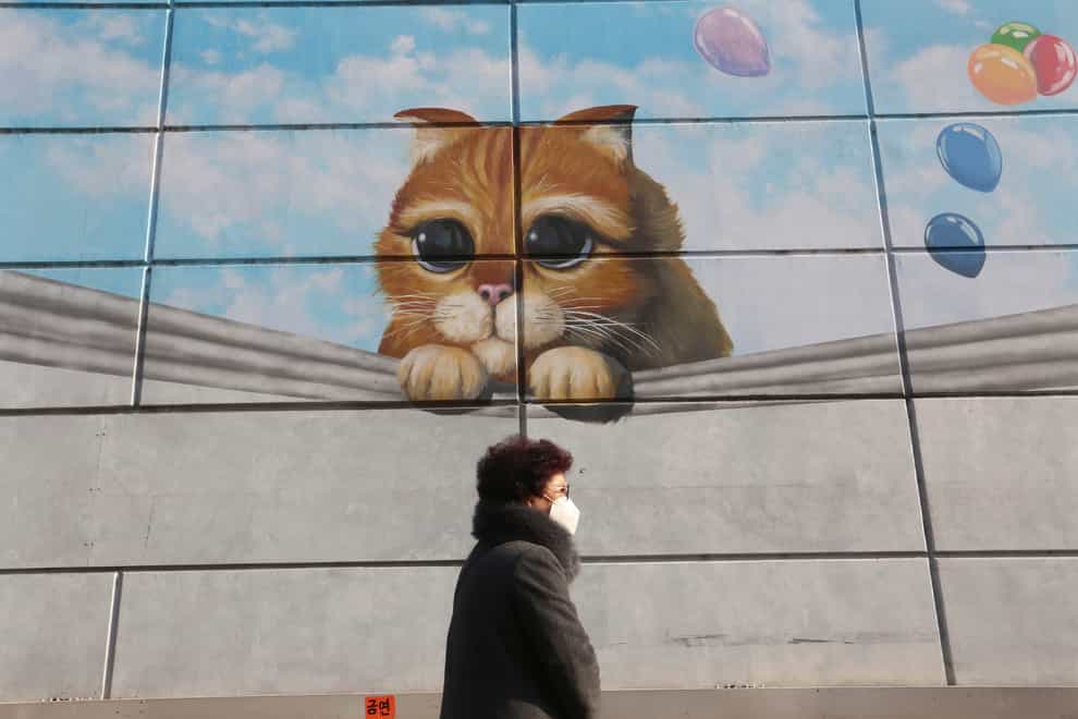 A woman wearing a face mask passes a mural on a shopping centre wall in Seoul