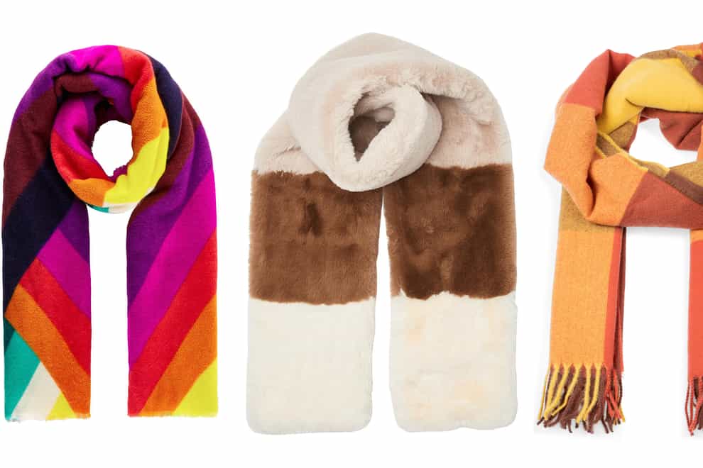 Accessorize Rainbow Chevron Blanket; Oliver Bonas Tonal Stripe Brown Faux Fur Scarf; National Trust Shop Woven Check Scarf Yellow/Brown