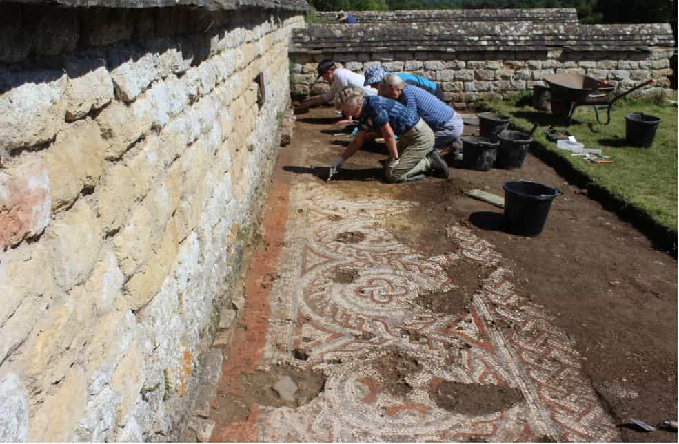 A mosaic unearthed at the Roman villa in Chedworth, Gloucestershire