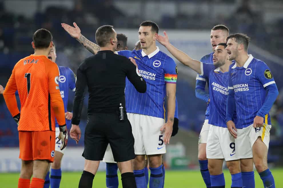 The Brighton players were left less than impressed when a VAR review gave Southampton a late penalty at the AMEX Stadium