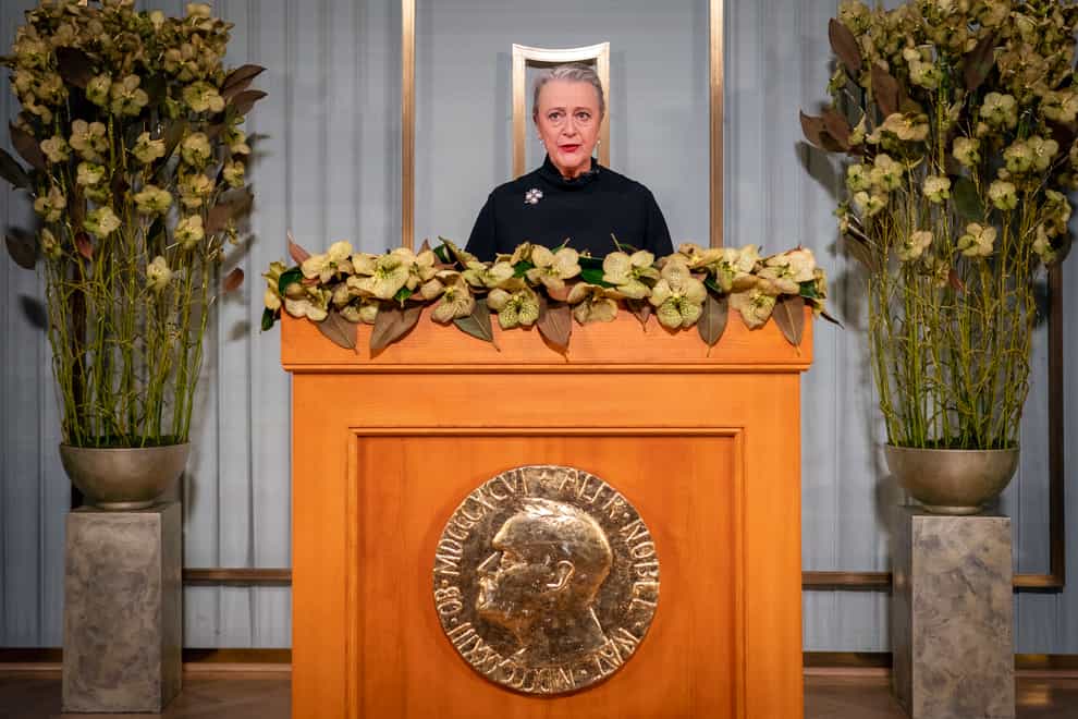 Nobel Committee chairwoman Berit Reiss-Andersen makes a statement at the Nobel Institute as part of the digital award ceremony for this year’s Peace Prize
