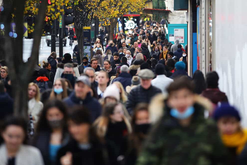 Shoppers on Oxford Street in London on the first weekend following the end of the second national lockdown in England (Aaron Chown/PA)