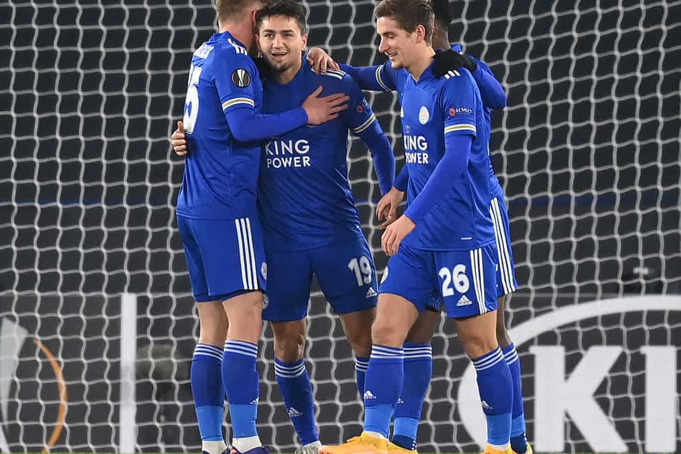 Leicester's Cengiz Under celebrates his opener against AEK Athens