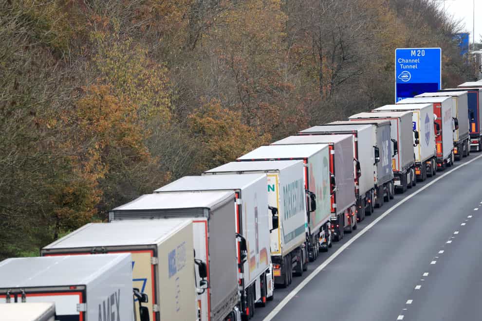 Freight lorries queueing along the M20 in Kent