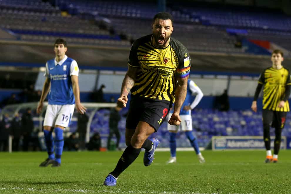 Watford captain Troy Deeney celebrates after firing home a late penalty to secure a 1-0 win away to Birmingham.