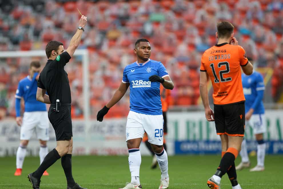 Rangers’ Alfredo Morelos was booked by match referee Steven McLean after his clash with Mark Connolly