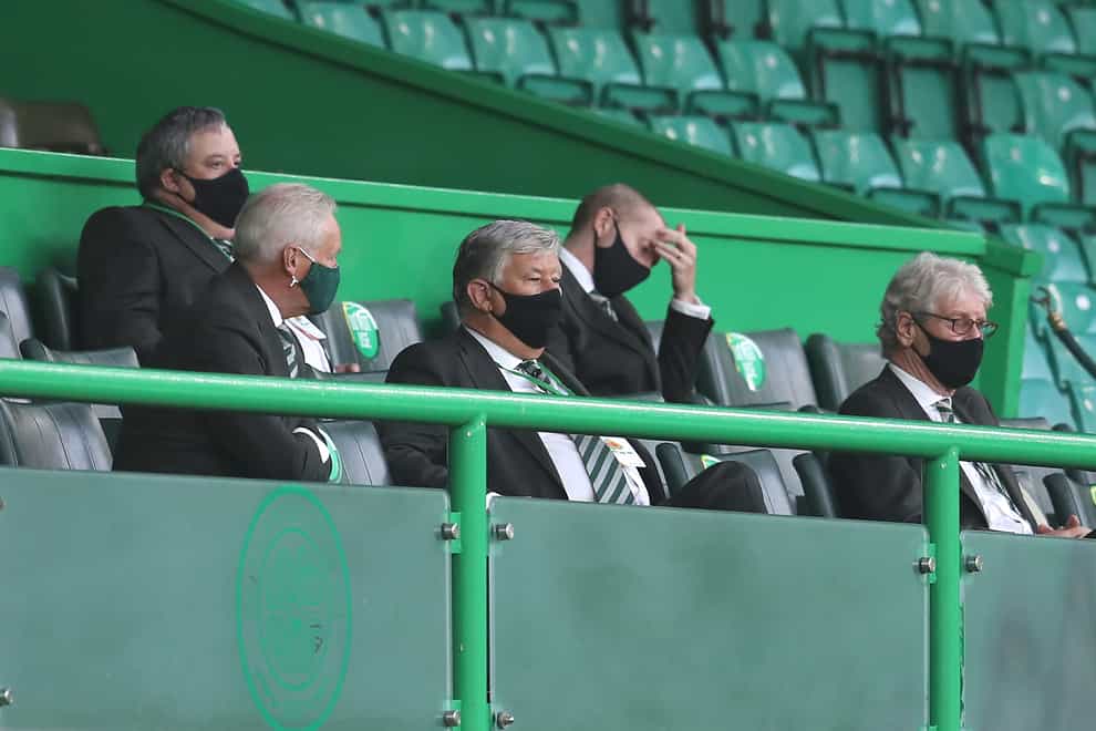 Chairman Ian Bankier (left) pays tribute to chief executive Peter Lawwell (centre)