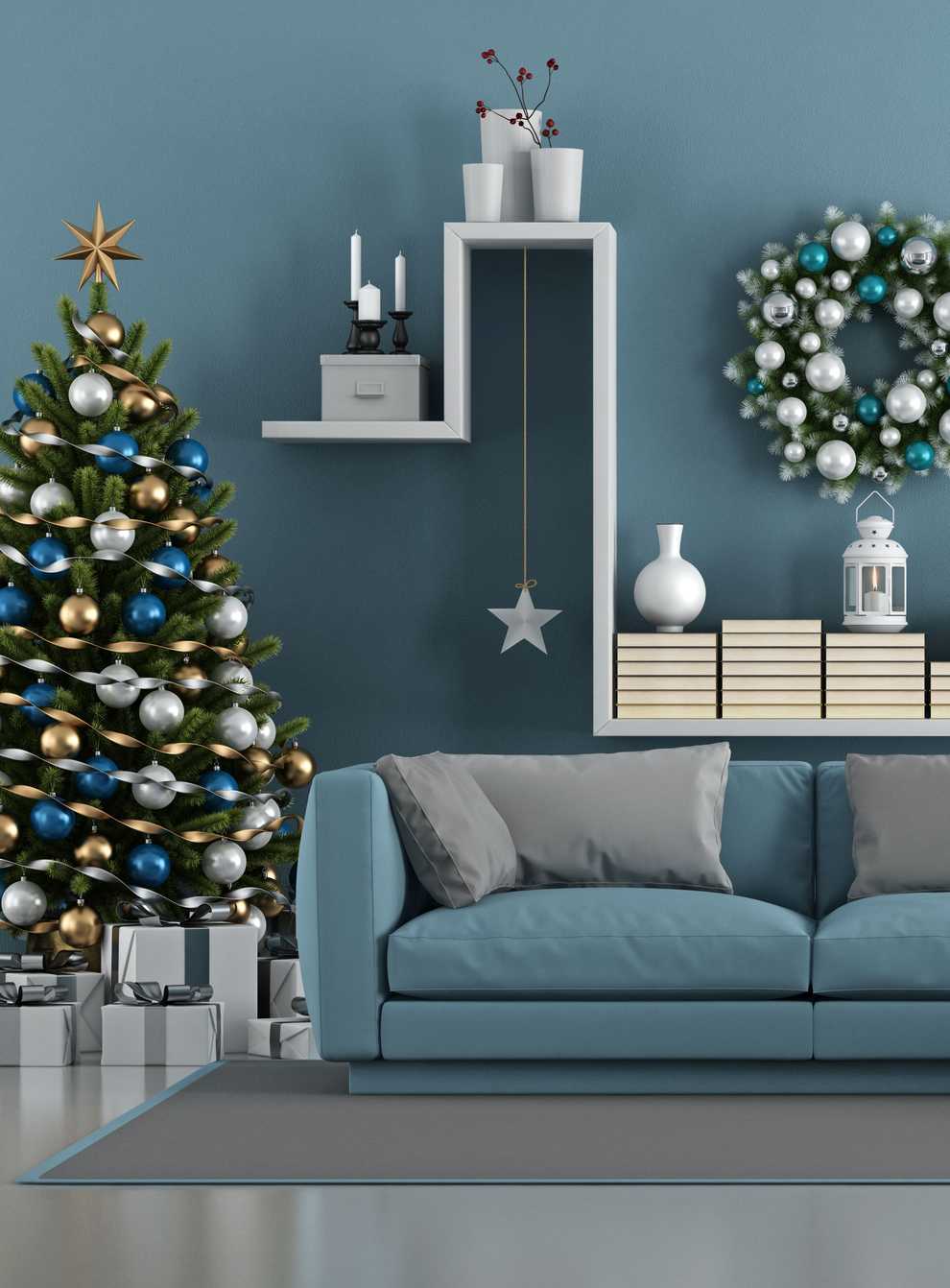 Clean and tidy living room with christmas tree, sofa and shelfing