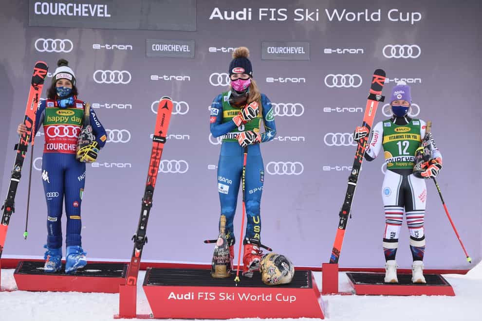 <p>Mikaela Shiffrin (centre) sealed her 67th World Cup victory</p>