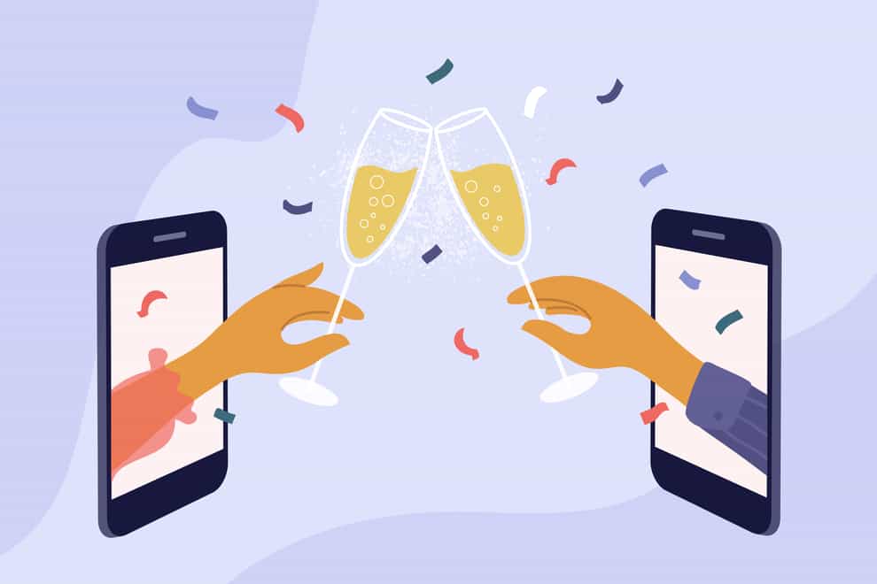 An illustration of hands extending from the screen of a smartphone, holding champagne glasses, to illustrate virtual new year celebrations