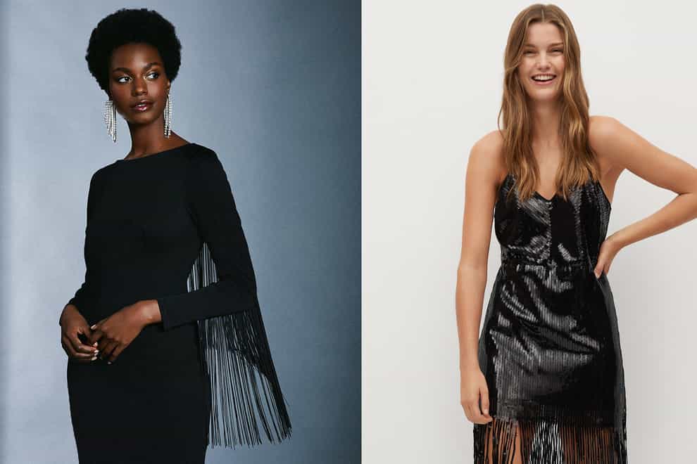 A model wearing a Karen Millen Italian Structured Jersey Fringe Dress, and another wearing Mango Sequins Fringed Dress