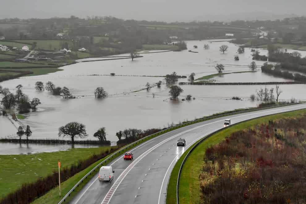 Flooded fields as the River Towy bursts its banks in Carmarthenshire